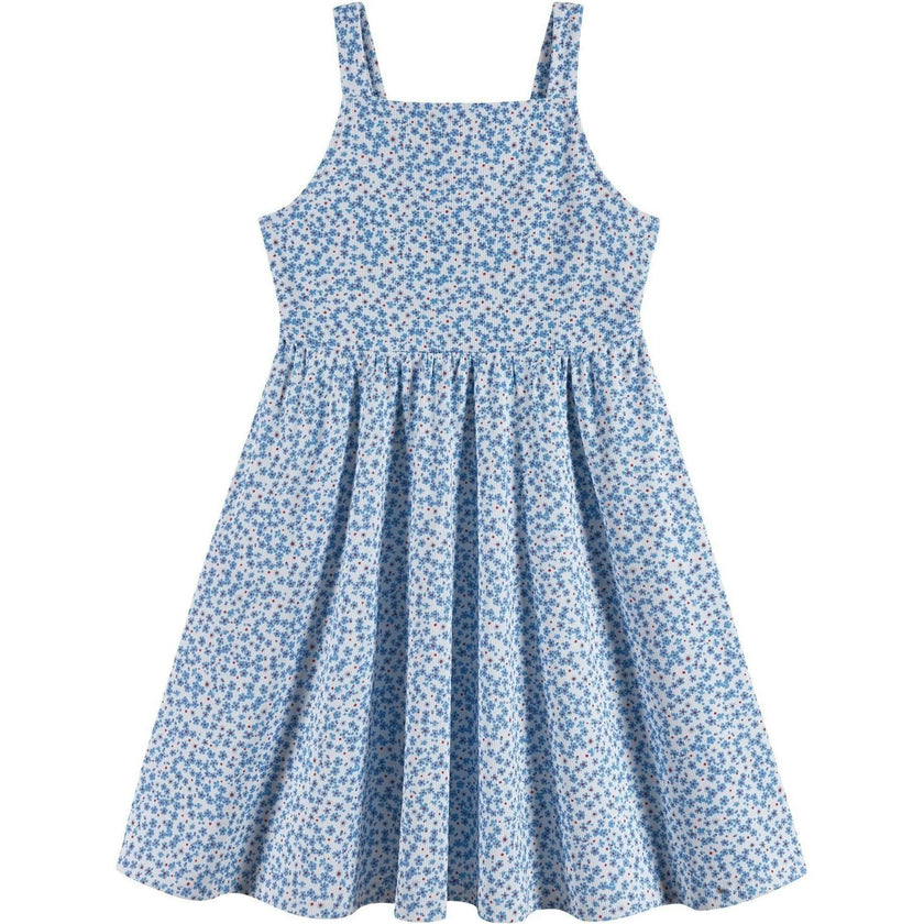 Tween Girls Floral Printed Dress W. Back Cutout | Blue Floral