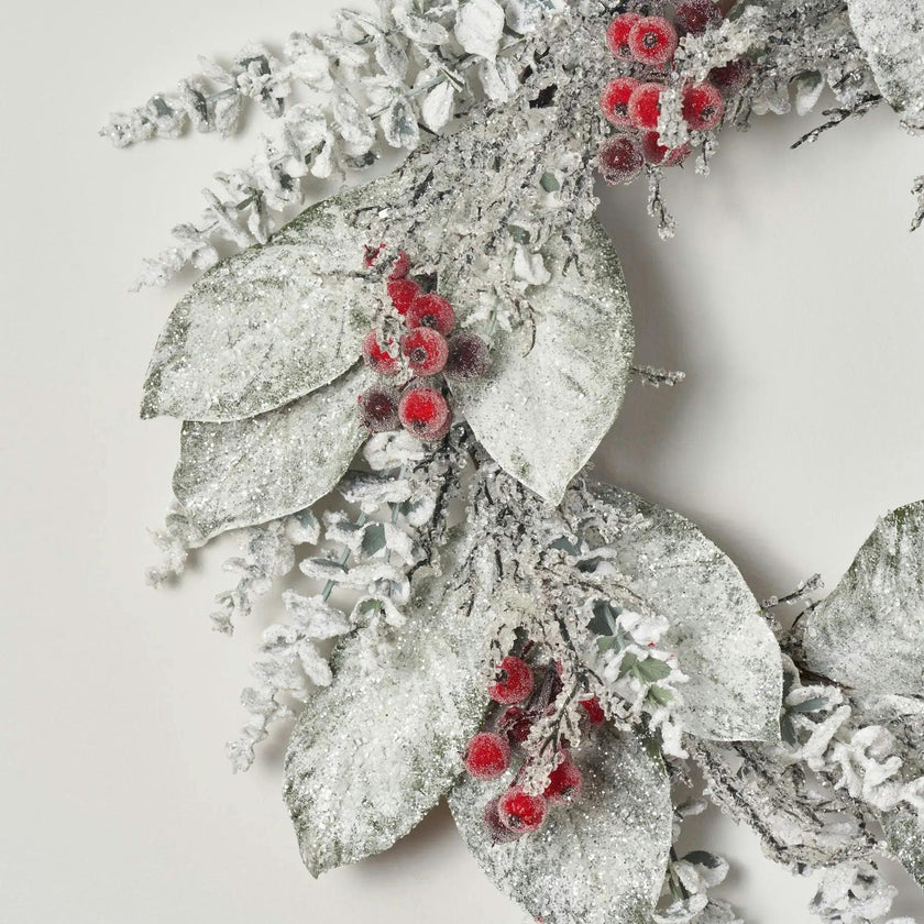 Snow Covered Magnolia Leaf & Eucalyptus with Iced Sugar Berry Seed Pods Holiday Winter Wreath
