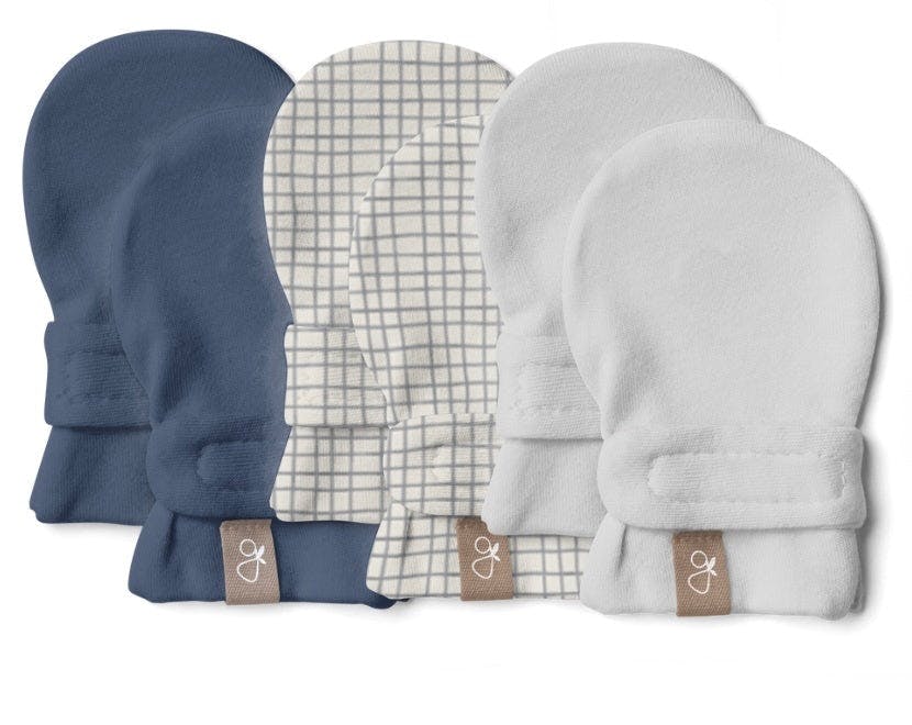 STAY ON 3-PACK MITTS | INDIGO + GRIDLOCK + DESERT MIST — Bamboo Organic Cotton Blend, 0–6M