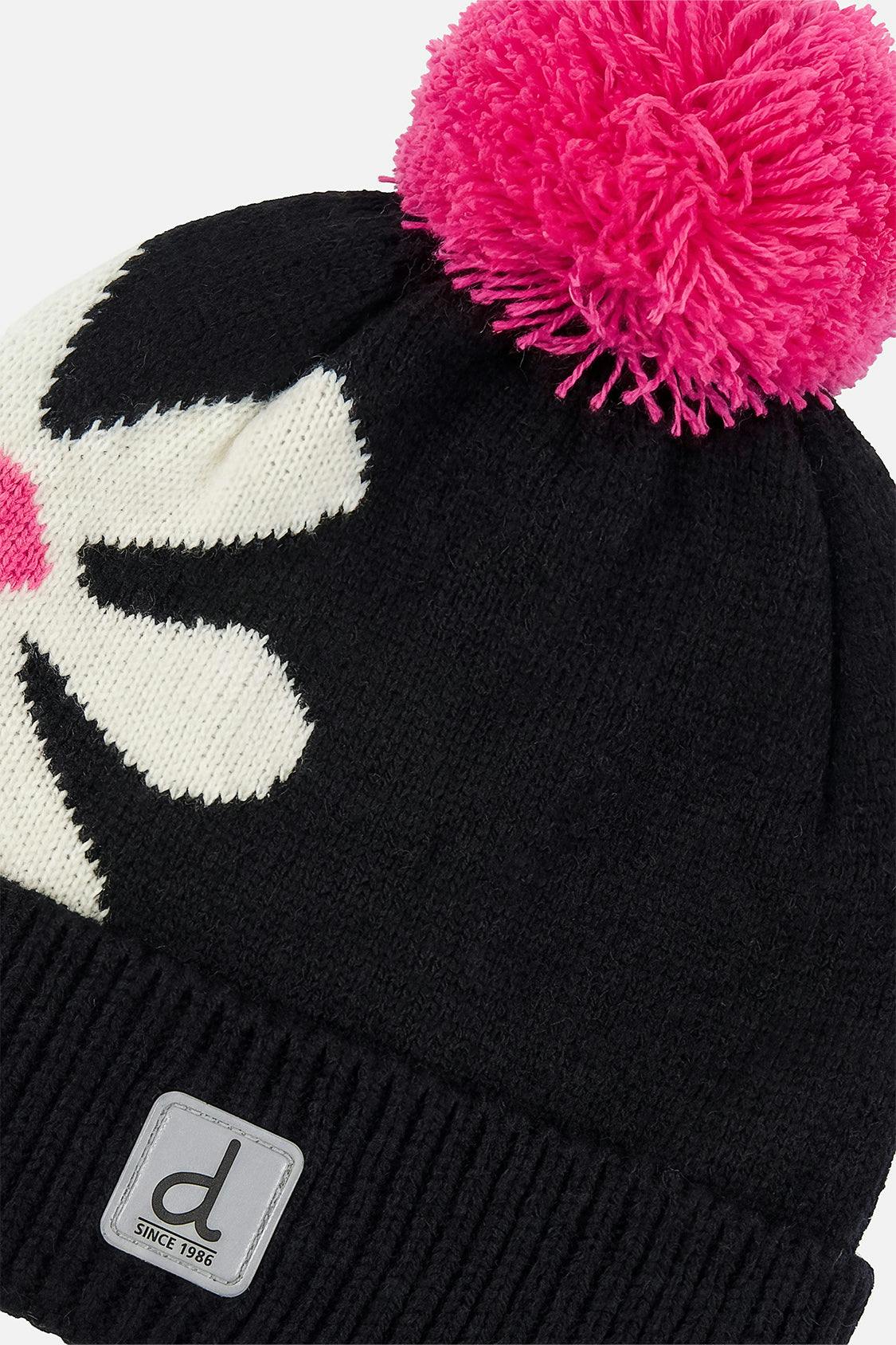 Winter Knit Hat with Pompom Black, White and Pink