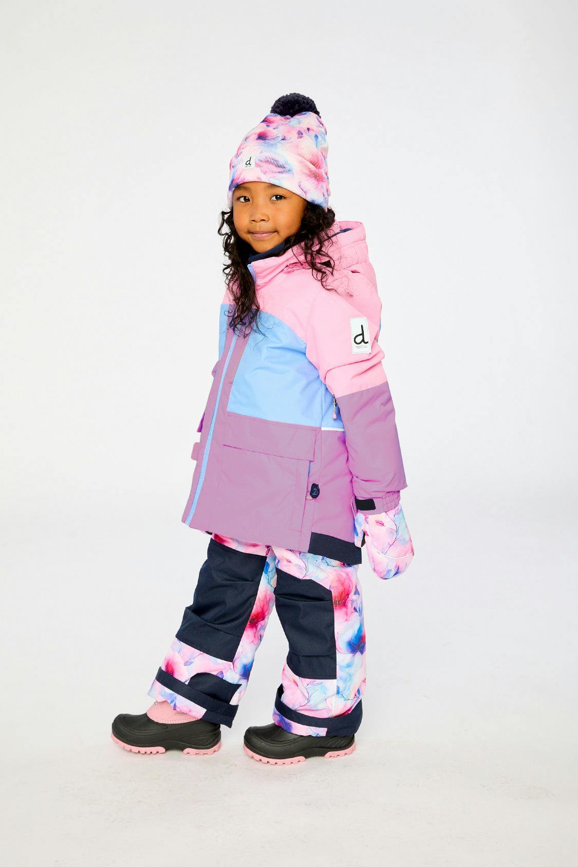 Two Piece Play Snowsuit Pink And Purple Colorblock With Watercolor Floral Print Pants