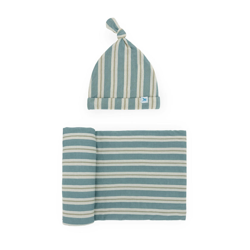 Stretch Knit Swaddle and Hat Set - Blue Vintage Stripe