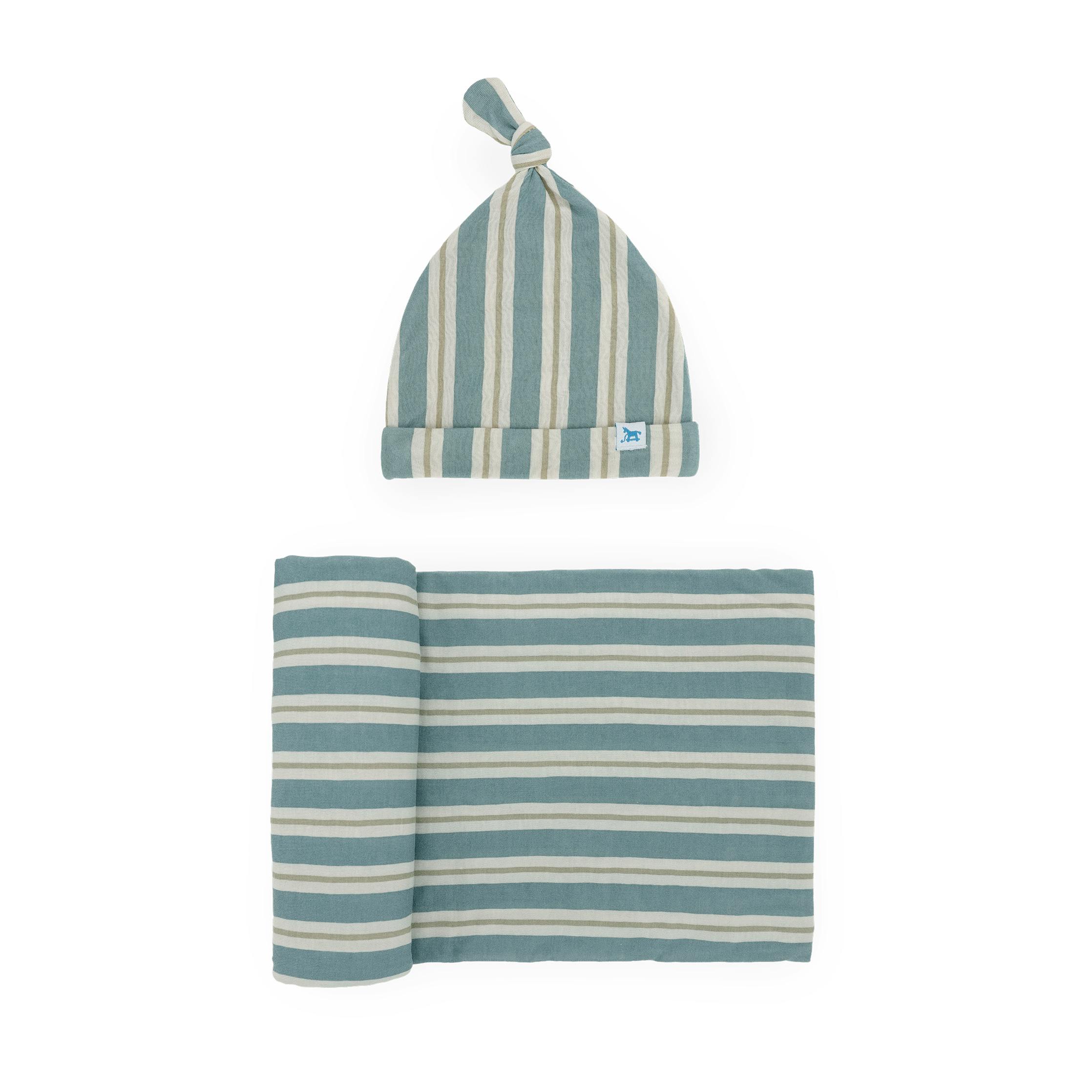 Stretch Knit Swaddle and Hat Set - Blue Vintage Stripe