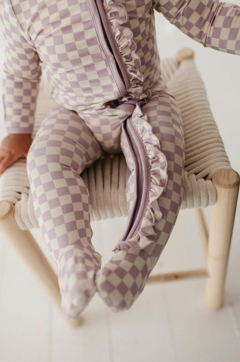 Girls Footie Romper in Lavender Cloud Checkered