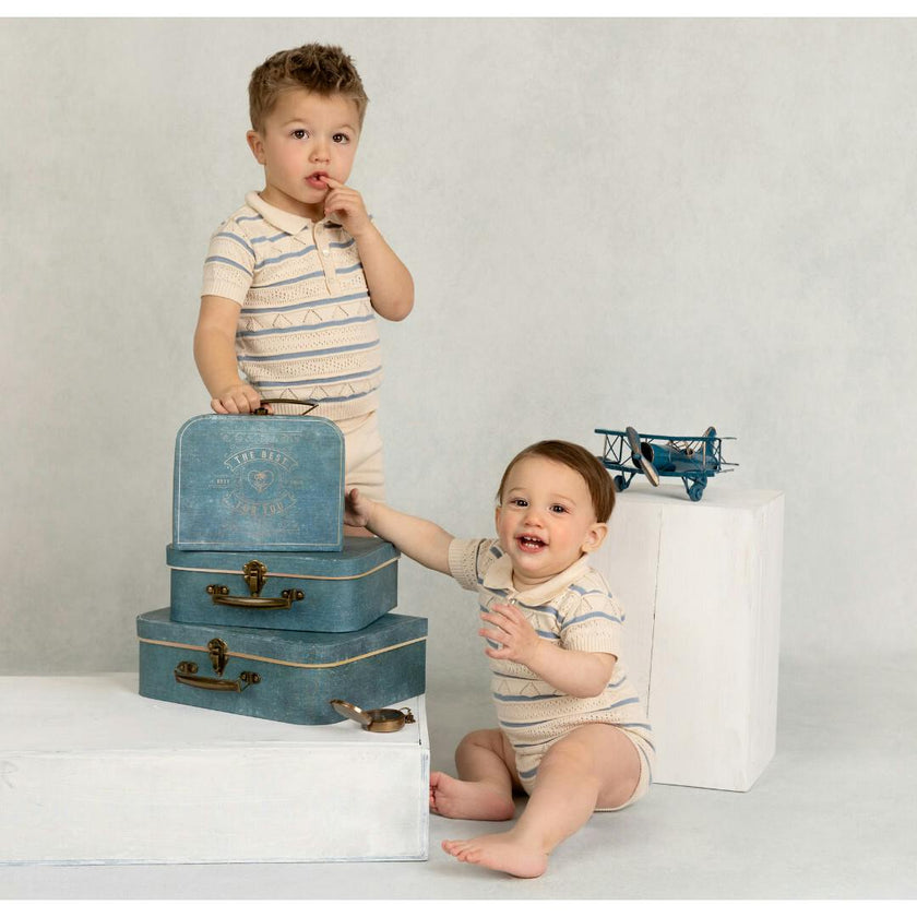 Boys Pointelle Striped Knit Romper Ecru
