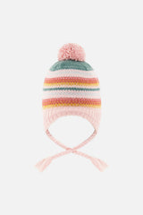 Baby Winter Peruvian Knit Hat with Pompom Pink and Green Jacquard