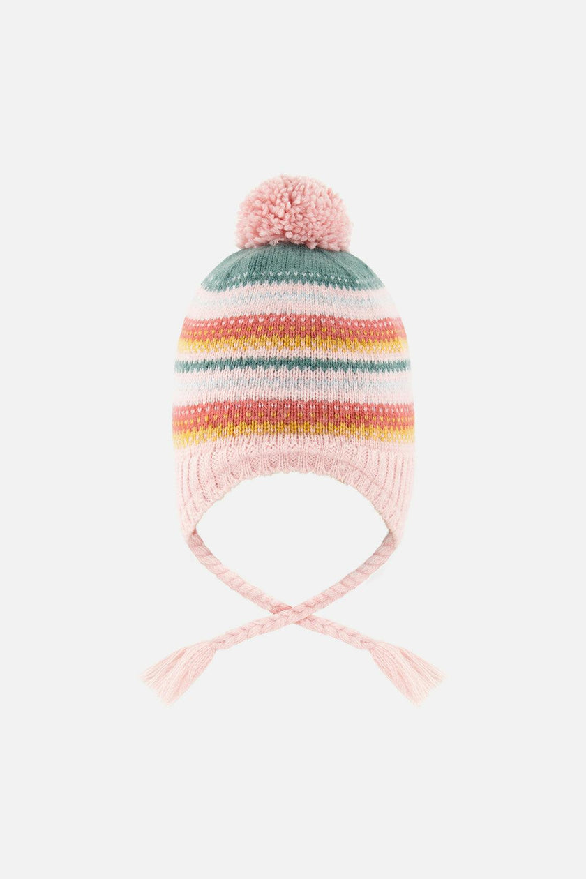 Baby Winter Peruvian Knit Hat with Pompom Pink and Green Jacquard