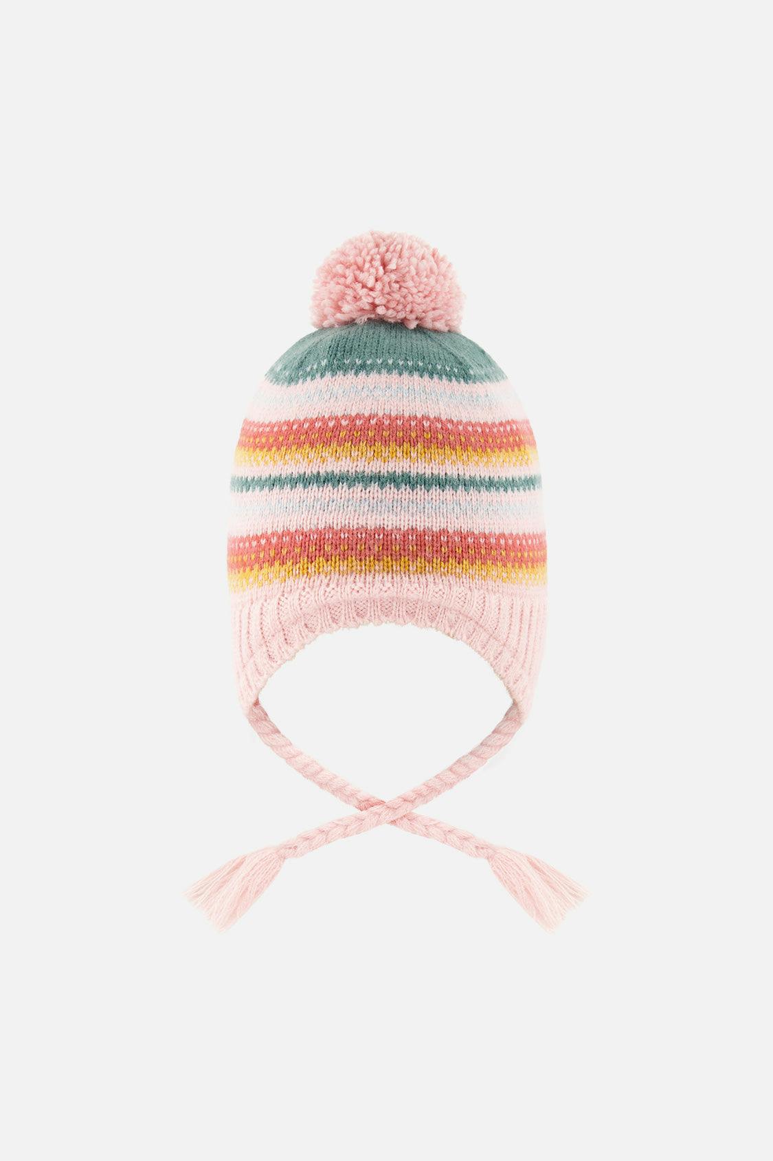 Baby Winter Peruvian Knit Hat with Pompom Pink and Green Jacquard