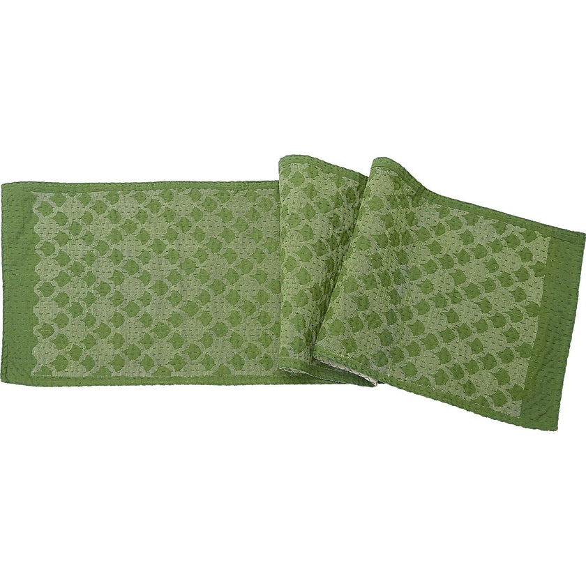 Artisan Hand Loomed Cotton Table Runner - Green Ginkgo - 18"x96"