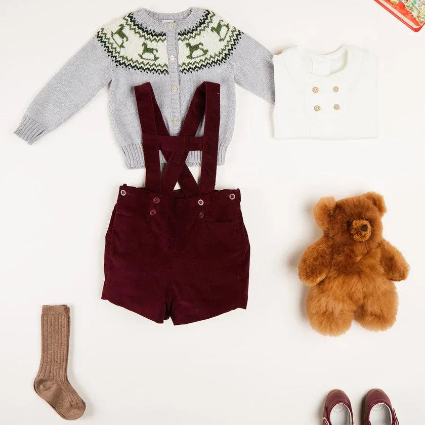 Velvet Button Detail Shorts with Braces in Burgundy (18mths-4yrs)