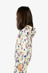 Hooded Zipped French Terry Cardigan Beige Unicorn Print