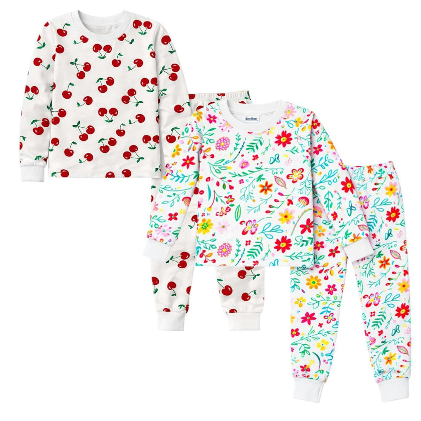 Kids and Toddlers 2 Pack Flowers/Cherries Long Sleeve Snug Fitted Pajamas