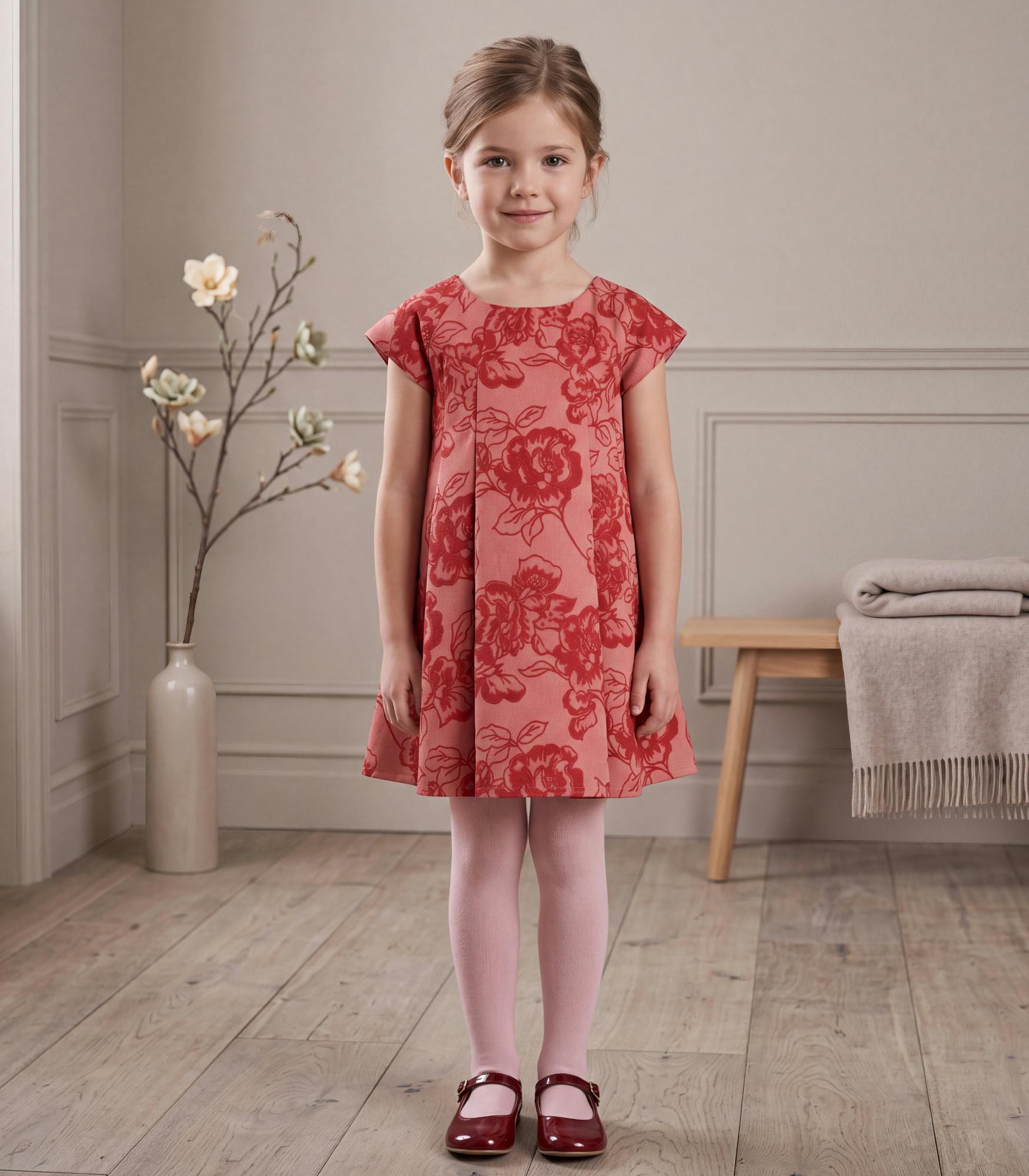 Rose Girl Dress, Red Flower Jacquard