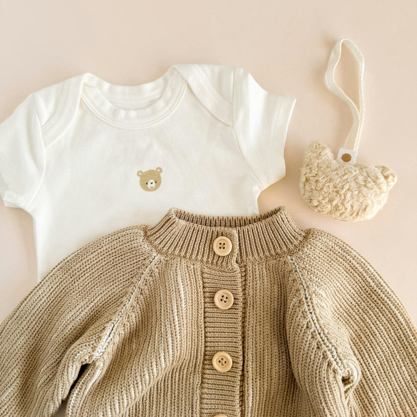 Cotton Cardigan Onesie Pacifier Clip Gift Set - Bear