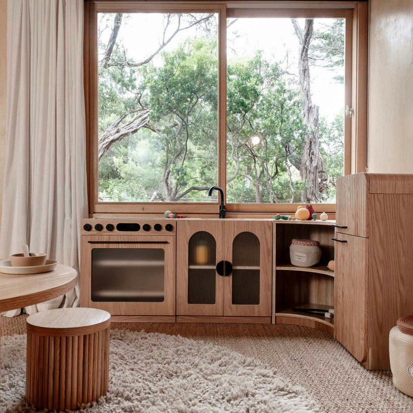 Oak Fluted Play Kitchen Set: Fridge + Sink + Oven