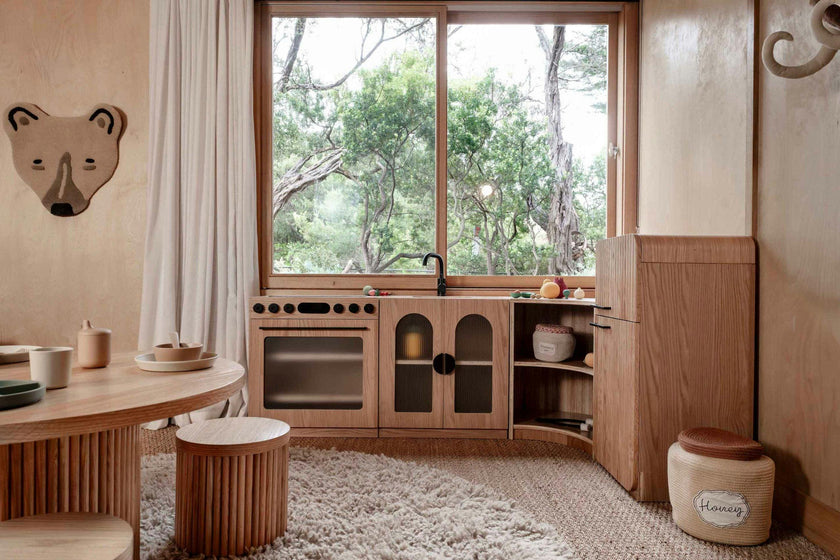 Oak Fluted Play Kitchen Set: Fridge + Sink + Oven