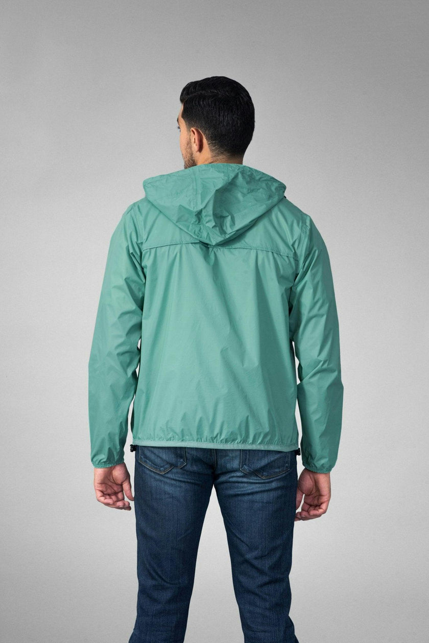 Moss green full zip packable Rain jacket and windbreaker
