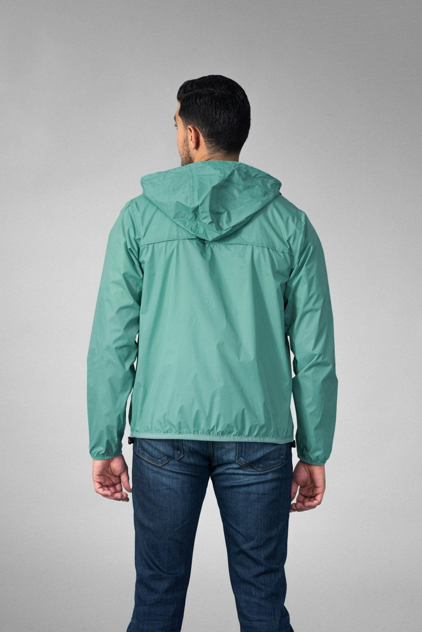 Moss green full zip packable Rain jacket and windbreaker