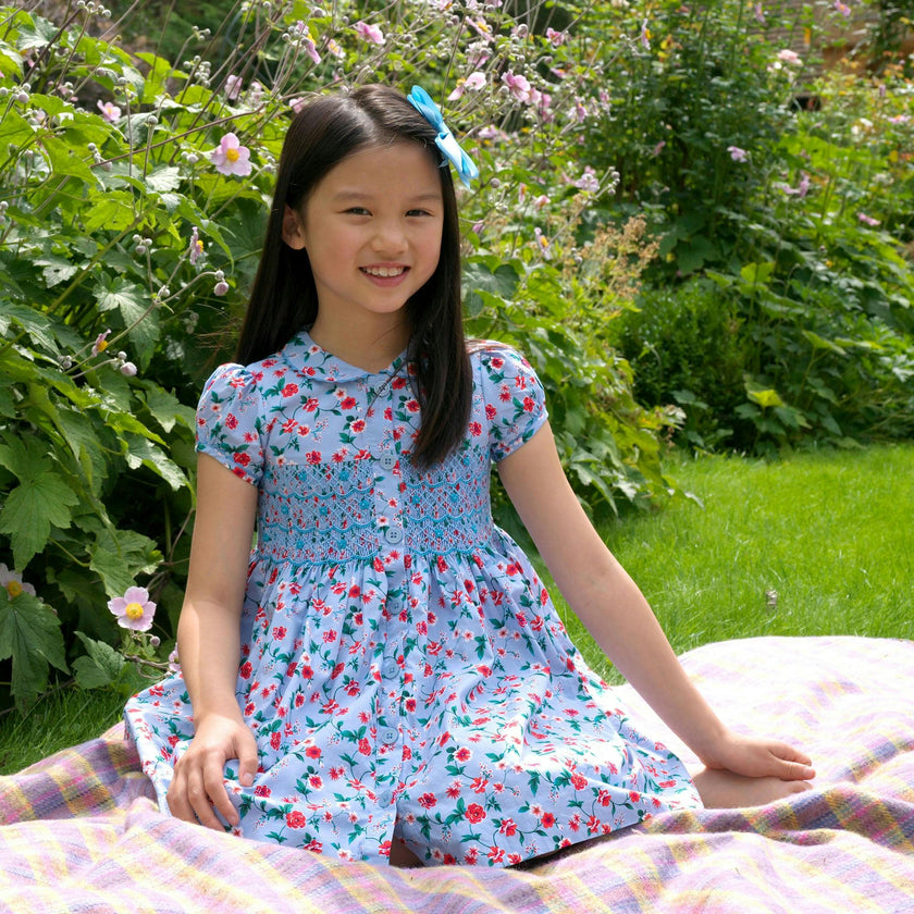 Blue Smocked Button-Front Dress