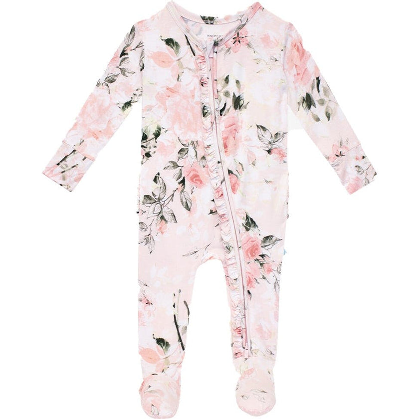 Vintage Pink Rose Footie Ruffled Zippered One Piece