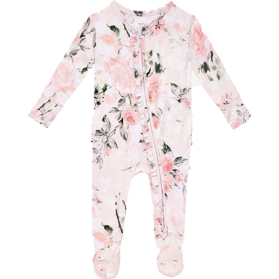 Vintage Pink Rose Footie Ruffled Zippered One Piece