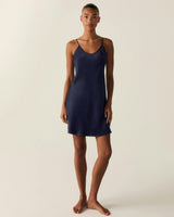 The Bijou Silk Mini Slip Dress in Navy