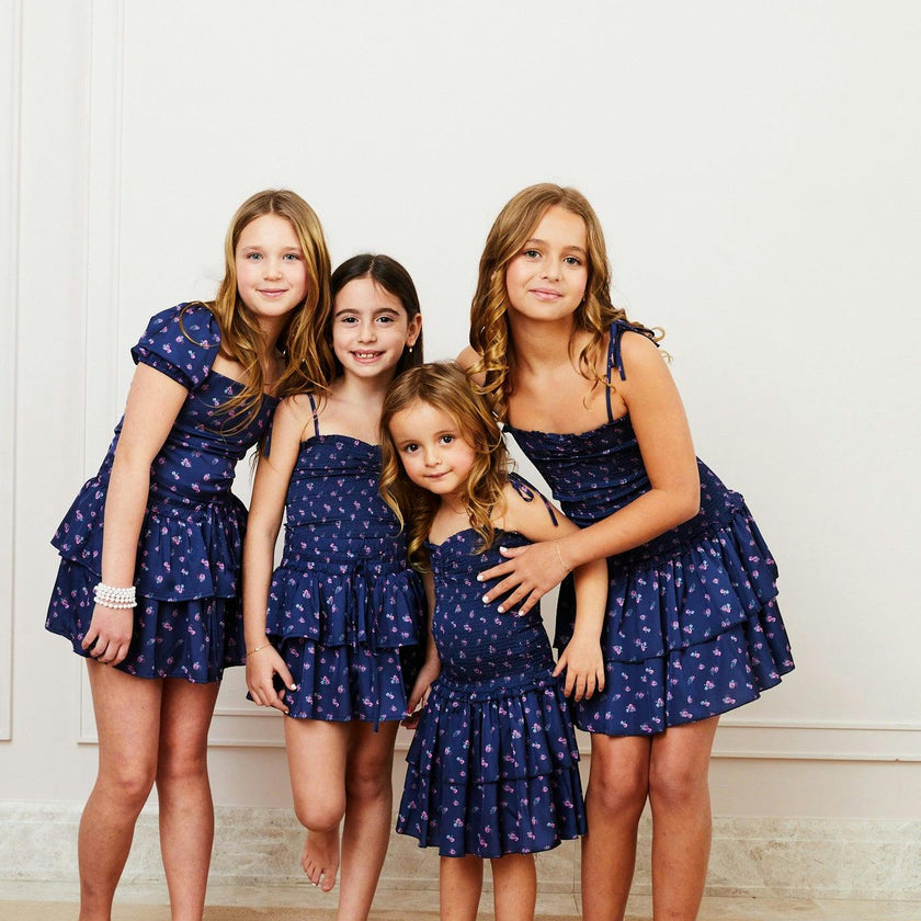 Lola Satin Smocked Ruffle Dress - Navy Rose