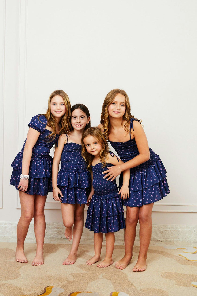 Lola Satin Smocked Ruffle Dress - Navy Rose
