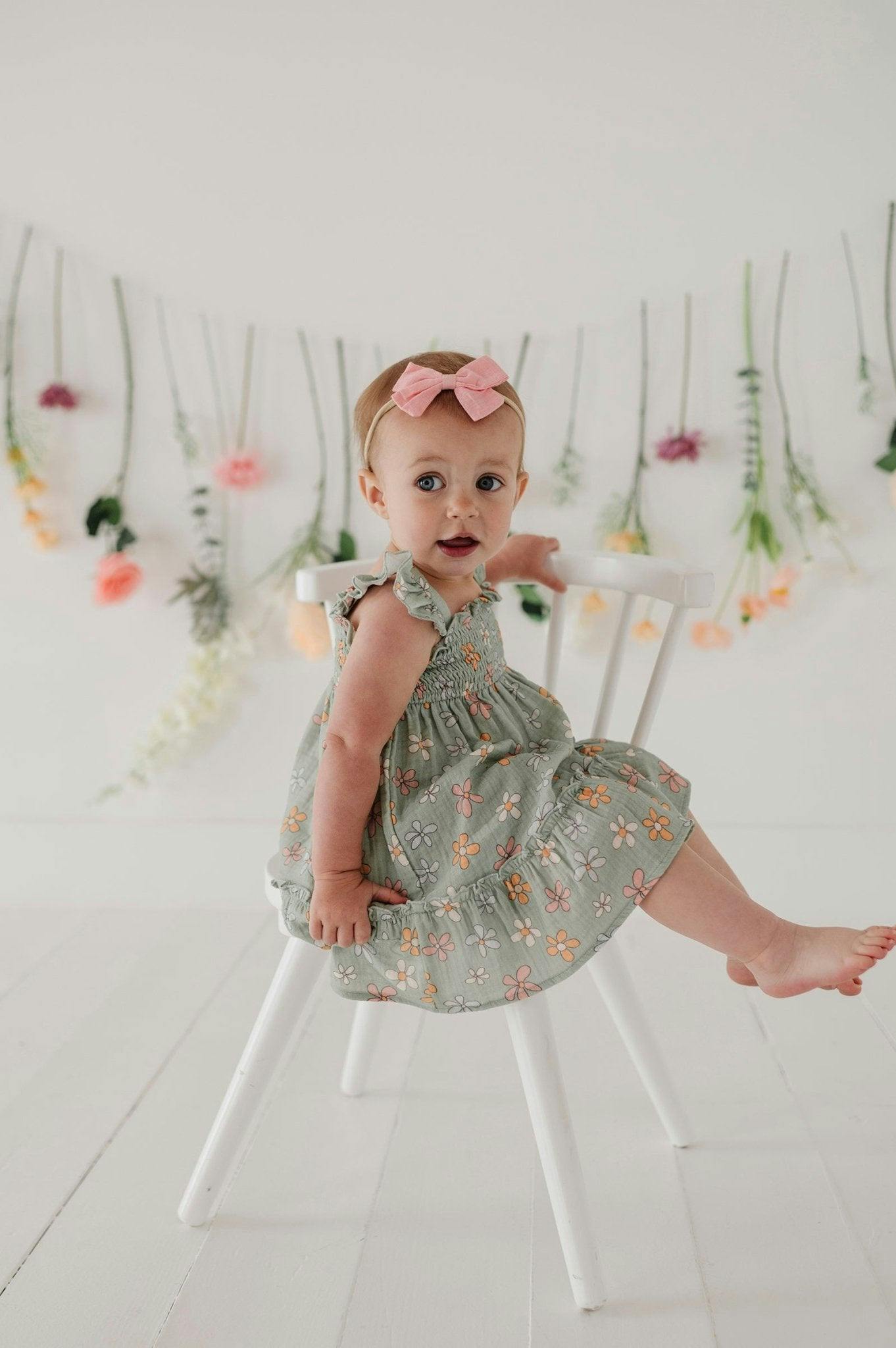 Girls Flutter Dress Set in Sketched Daisy