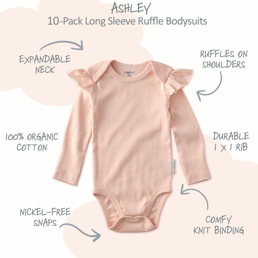 ASHLEY 10-Pack Long Sleeve Ruffle Bodysuits
