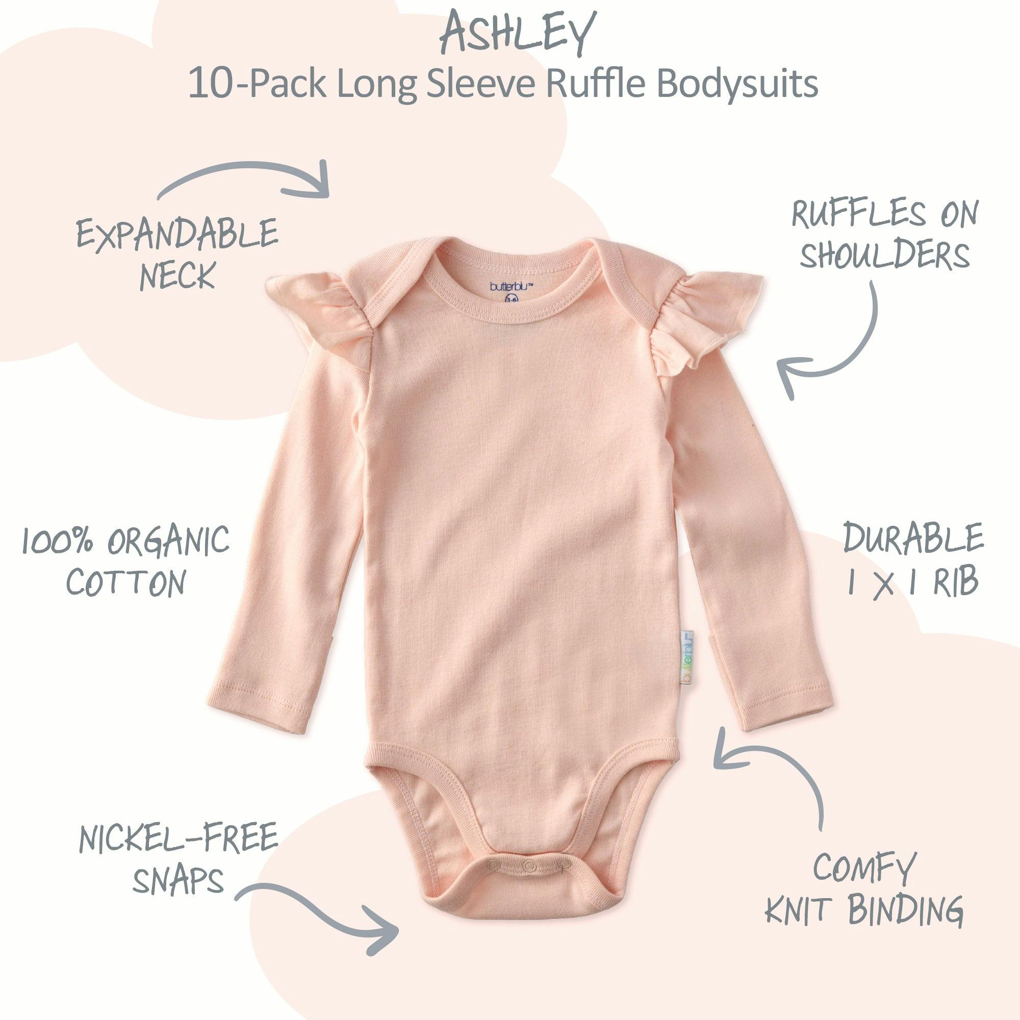 ASHLEY 10-Pack Long Sleeve Ruffle Bodysuits