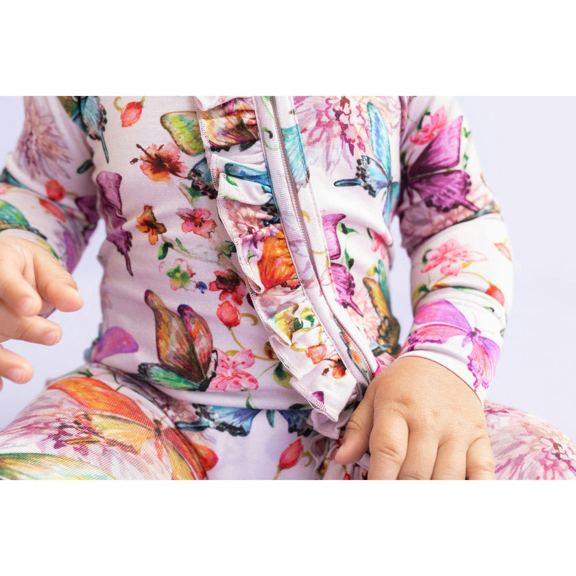 Watercolor Butterfly Footie Ruffled Zippered One Piece