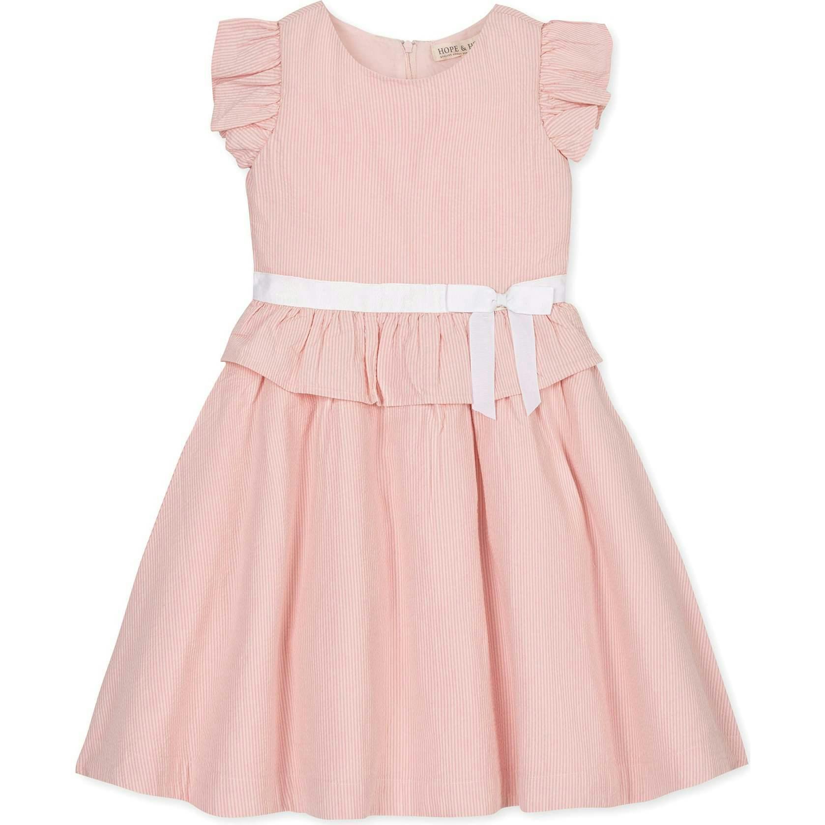 Organic Seersucker Ruffle Sleeve Peplum Dress, Pink