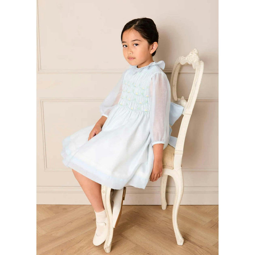 Daisy Embroidered Hand Smocked Long Sleeve Dress in Blue (18mths-8yrs)