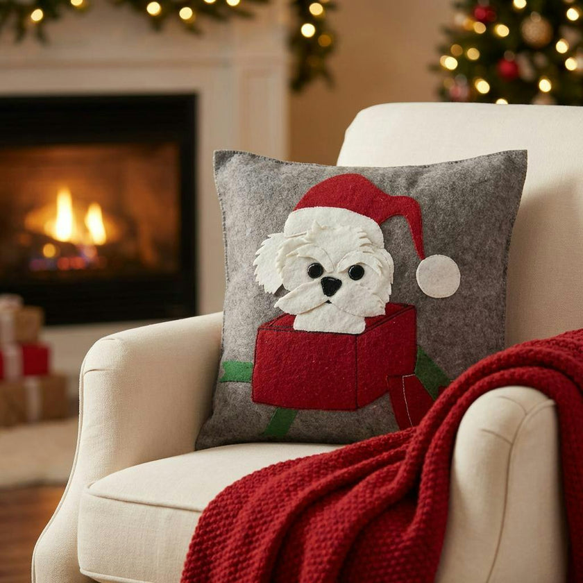 Hand Felted Wool Christmas Pillow - Dog Box - 20"