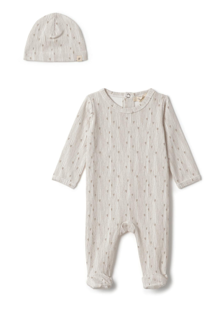 Line Print Ribbed Snap Front Romper and Hat Two Piece Set