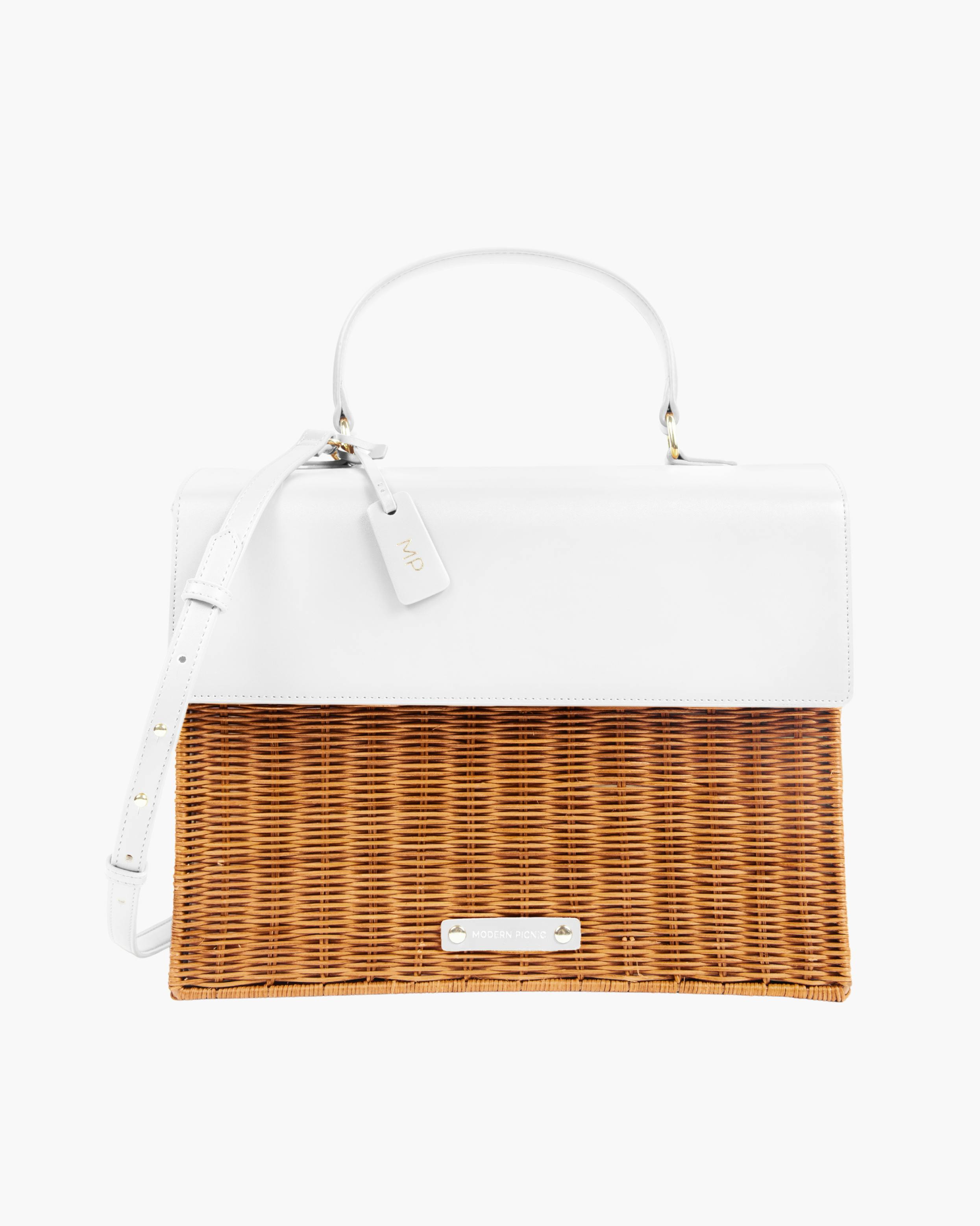 Large, Insulated, Hand-Woven Wicker Lunchbox, Dark White