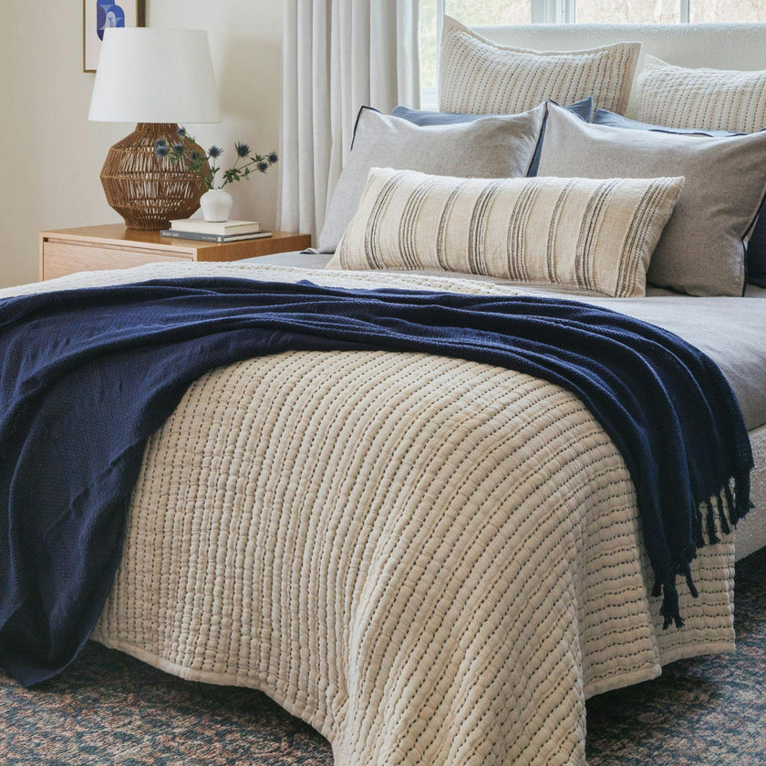 Tide Stripe Blue & Ivory Distressed Lumbar Pillow