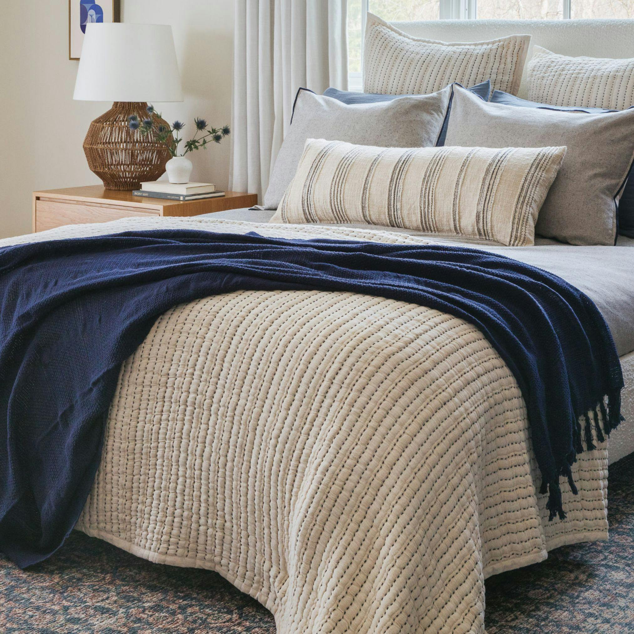 Tide Stripe Blue & Ivory Distressed Lumbar Pillow
