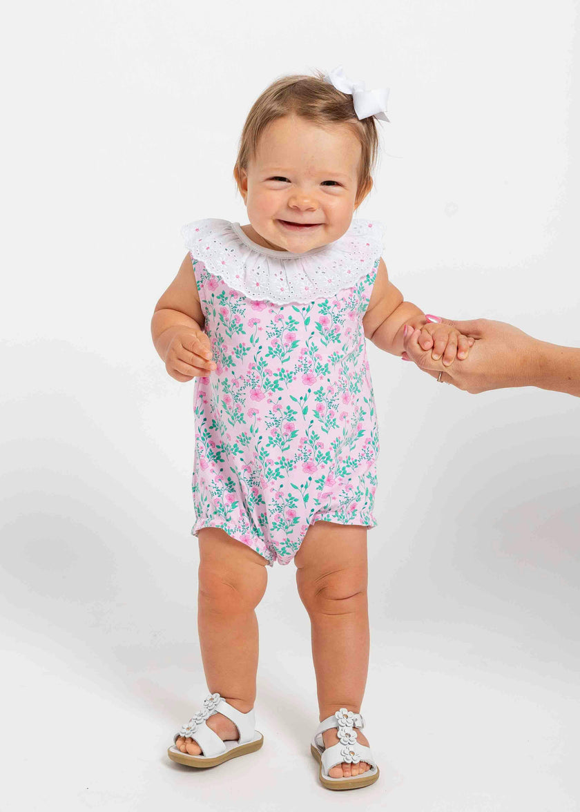 Floral Print Romper with Eyelet Collar