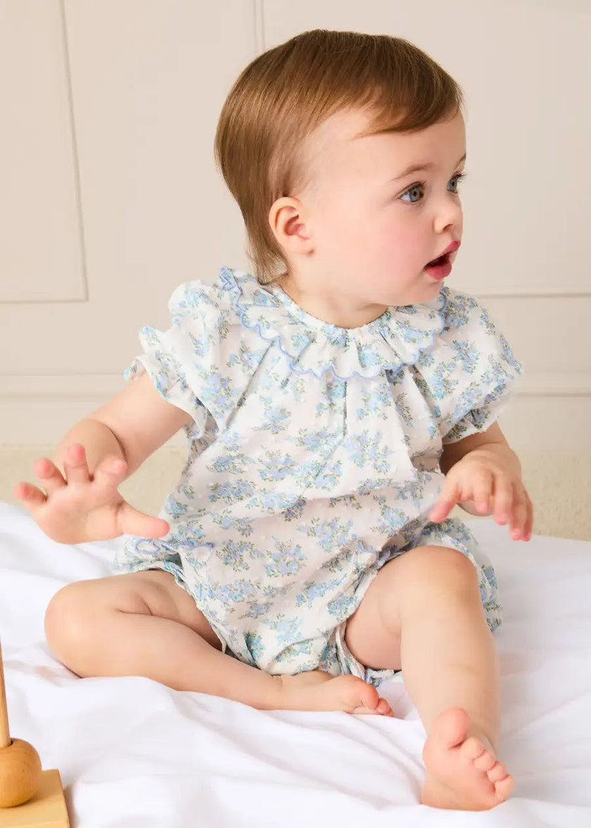 Esme Floral Swiss Voile Scallop Detail All-In-One Pyjamas in Blue (9mths-2yrs)