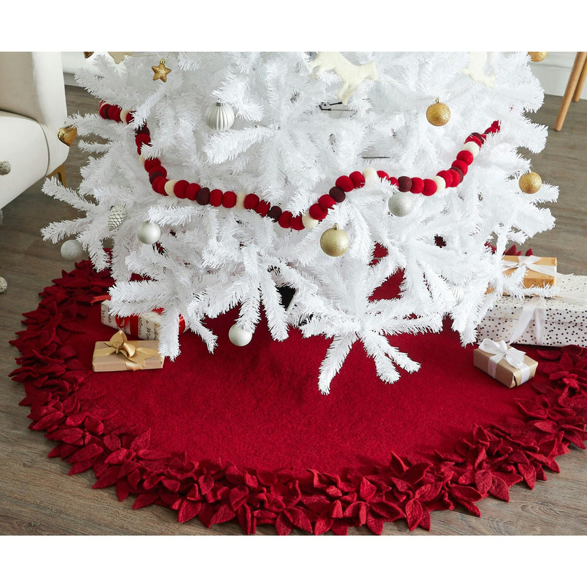 Hand Felted Wool Overlapping Flowers Border Maroon Christmas Tree Skirt 64"/72"