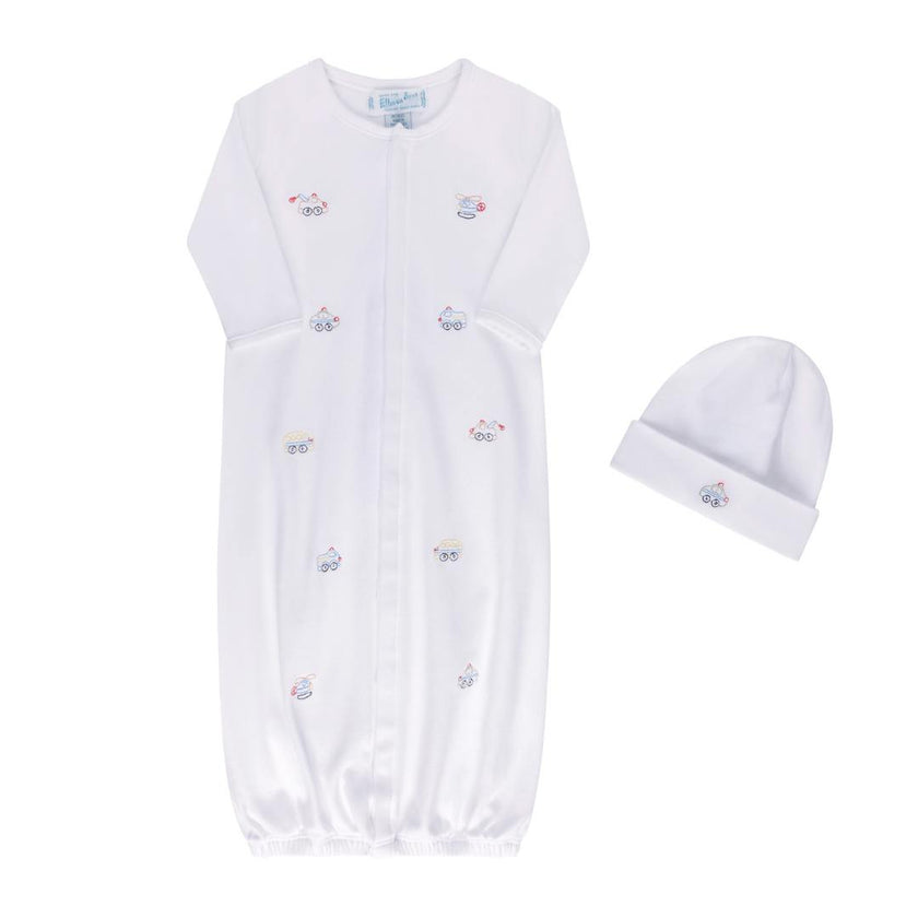Vehicle Embroidered Cotton Gown w/Hat White