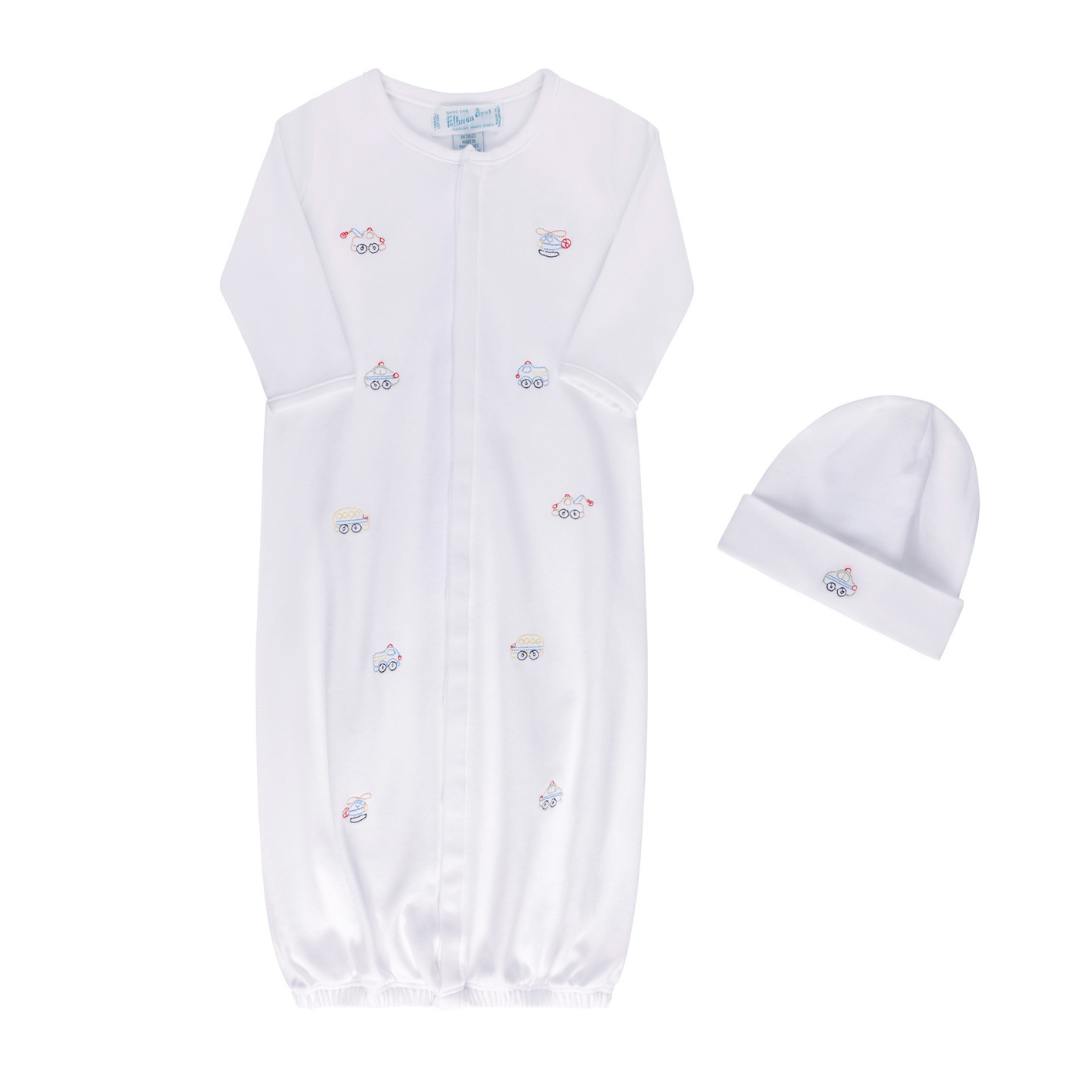 Vehicle Embroidered Cotton Gown w/Hat White