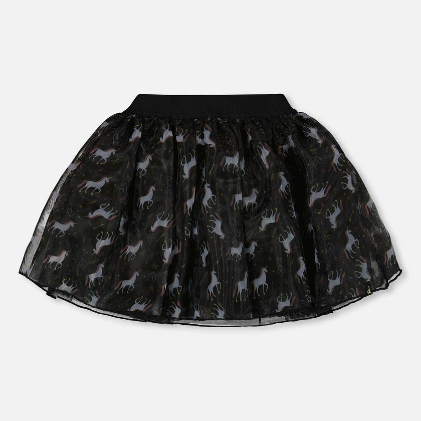 Organza and Mesh Skirt Black with Print
