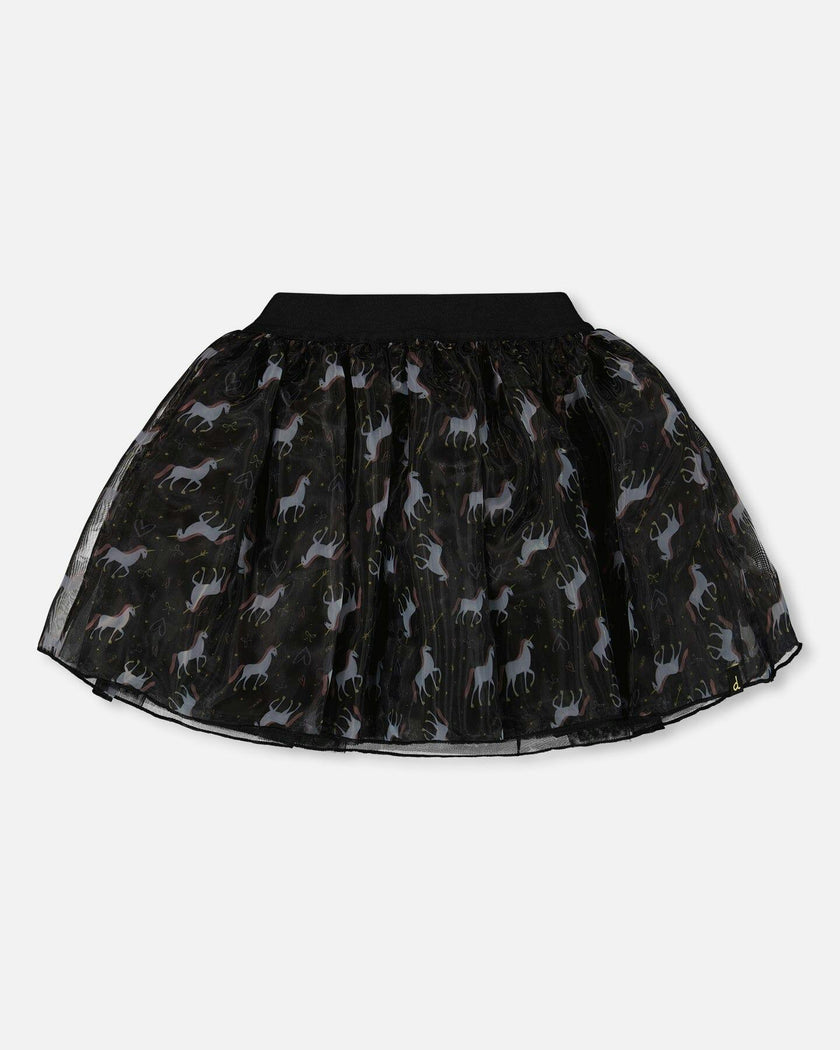 Organza and Mesh Skirt Black with Print
