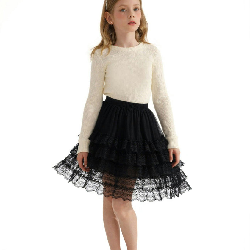 Cream Ribbed Sweater with Lace Skirt