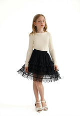 Cream Ribbed Sweater with Lace Skirt