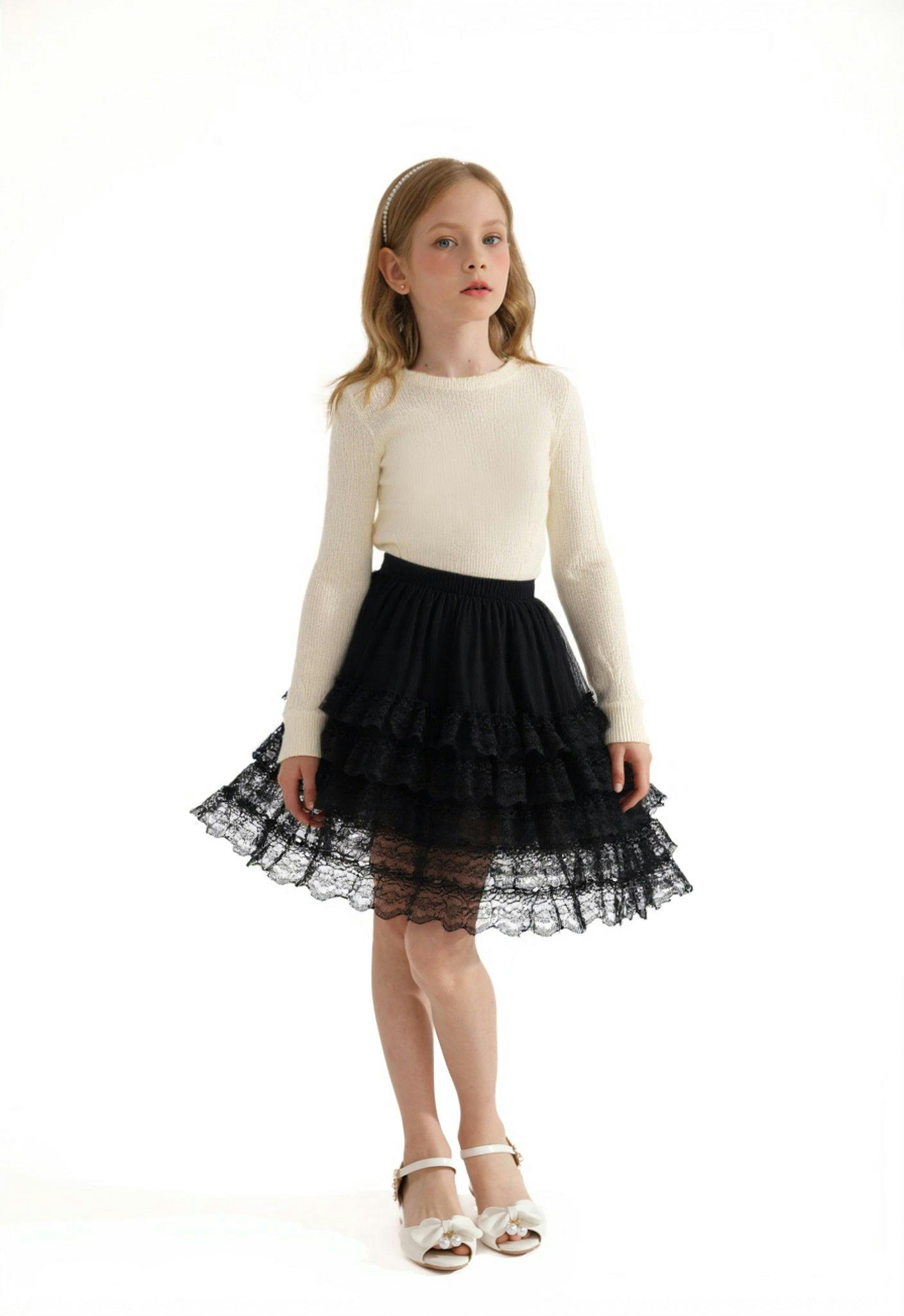 Cream Ribbed Sweater with Lace Skirt