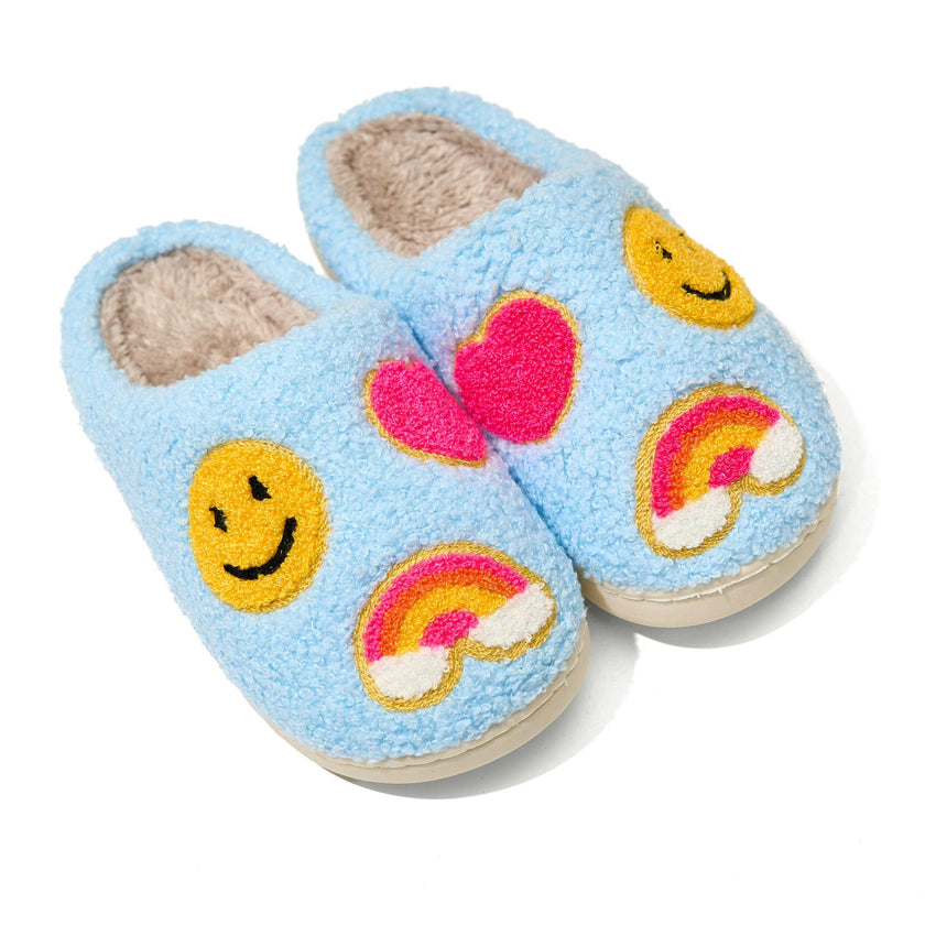 Tweens Plush Slippers in Sky Blue with Emojis